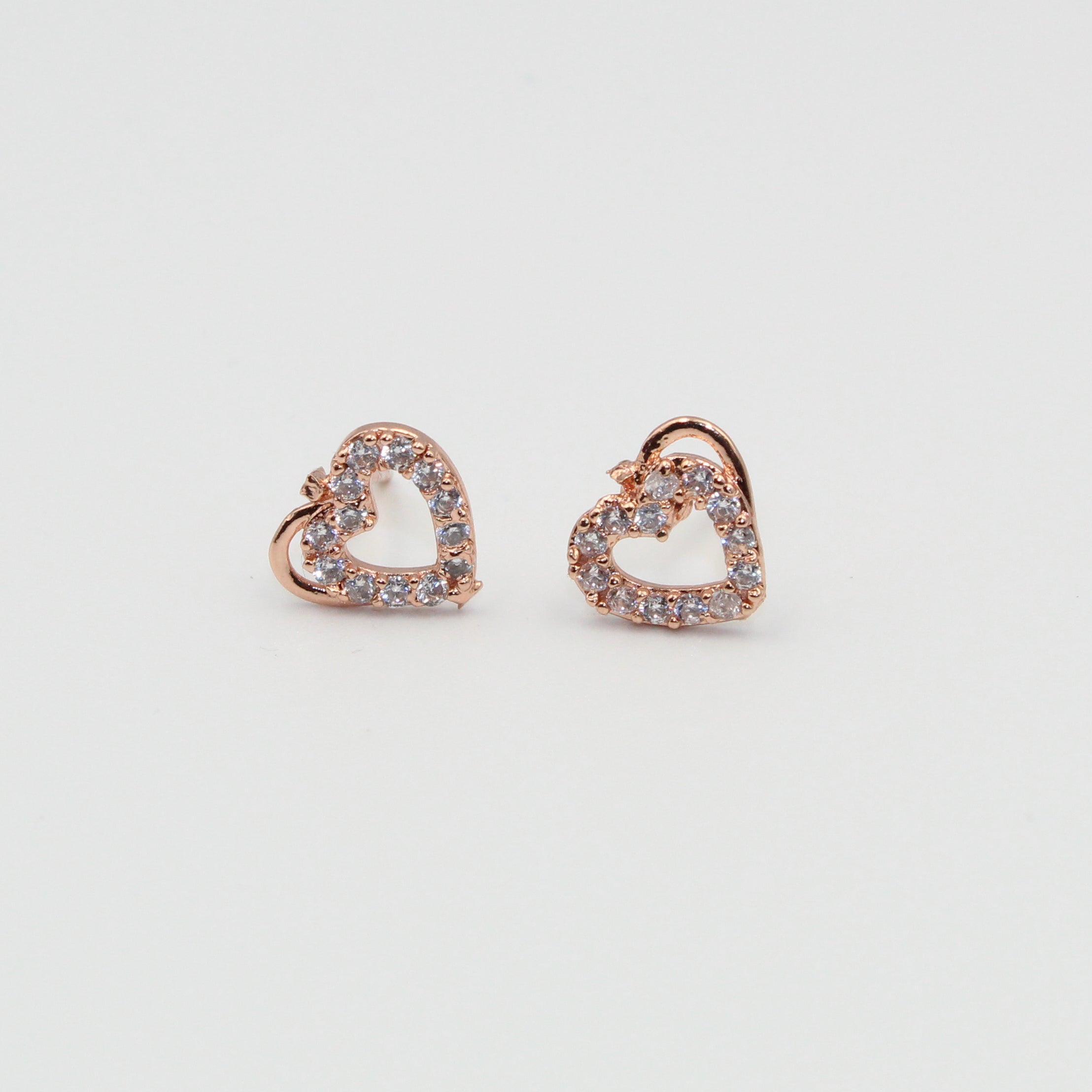 Rose Gold Heart Stud Earrings with White Stones | Romantic Imitation Jewelry for Women