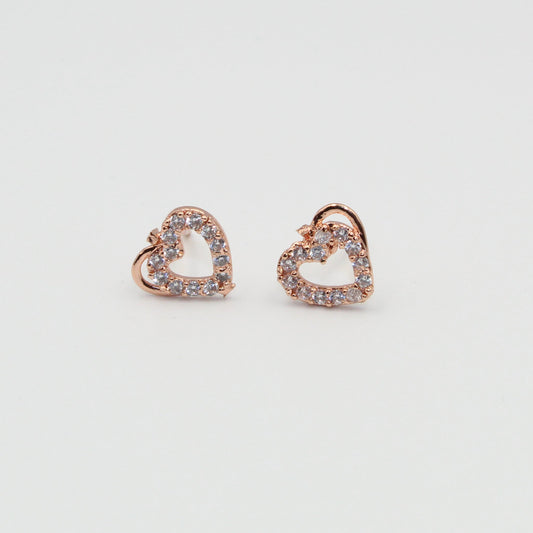 Rose Gold Heart Stud Earrings with White Stones | Romantic Imitation Jewelry for Women