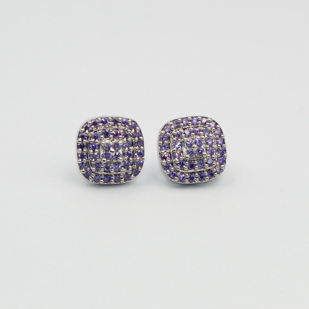 Silver Square Stud Earrings with Purple Stones | Elegant Imitation Jewelry for Women