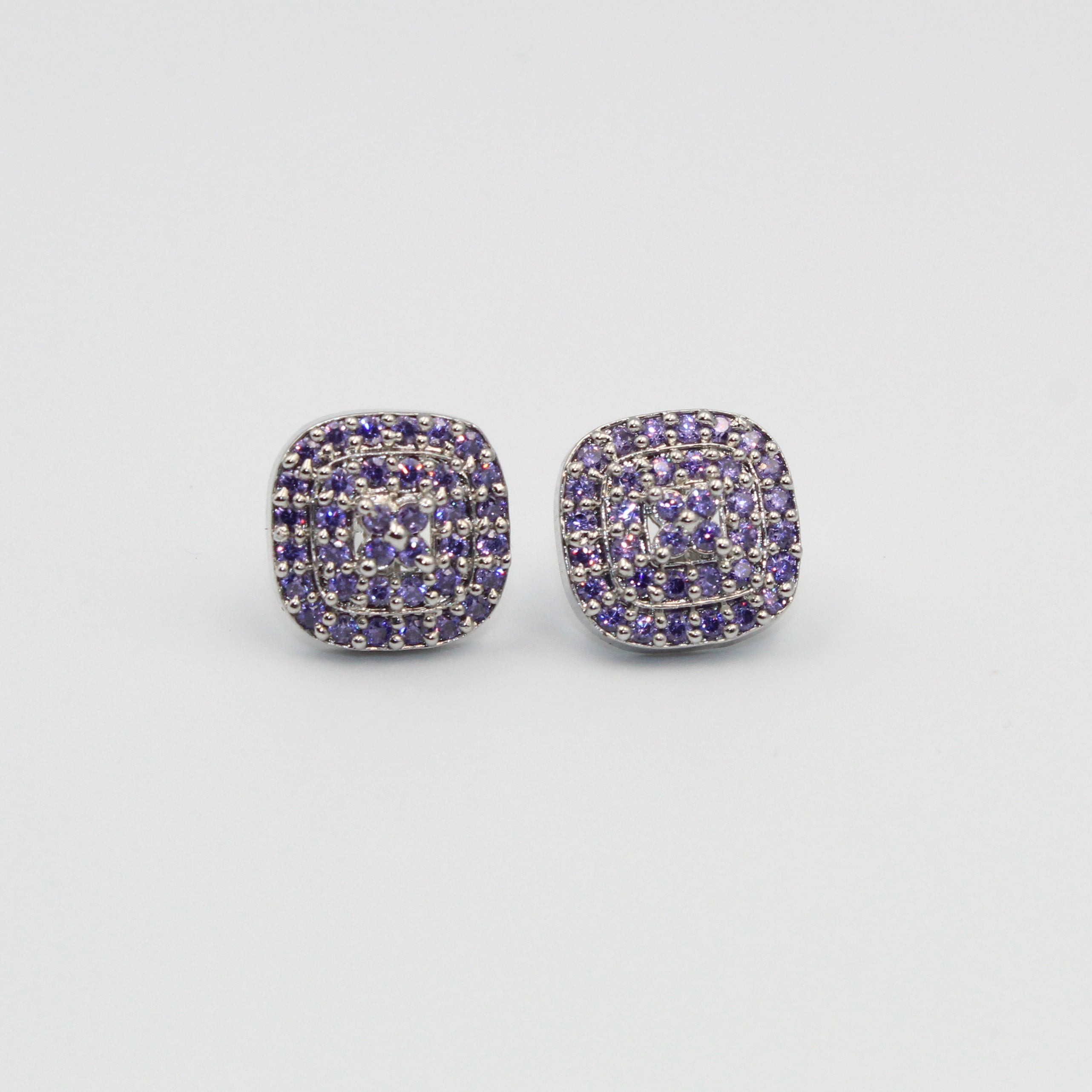 Silver Square Stud Earrings with Purple Stones | Elegant Imitation Jewelry for Women