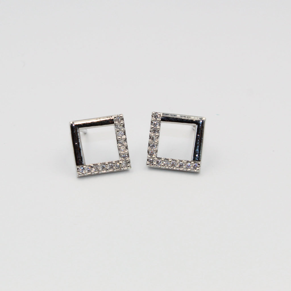 Silver Square Stud Earrings with White Stones | Modern Imitation Jewelry for Women