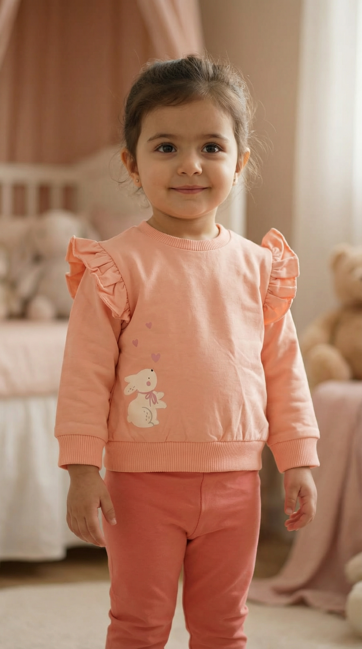 Peach Bunny Print Toddler Girl Outfit – Pure Cotton Sweatshirt Leggings Set