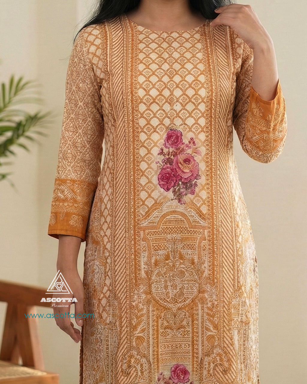 Mustard Floral Embroidered Straight Kurta Set for Women