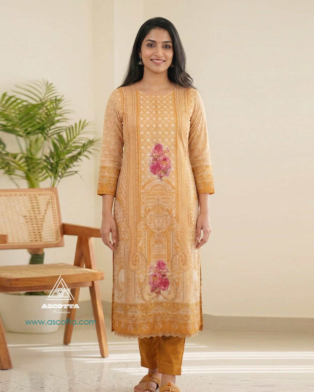 Mustard Floral Embroidered Straight Kurta Set for Women