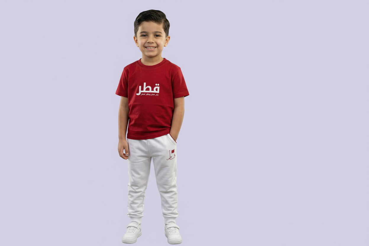 Qatar National Day Slogan Printed Maroon T Shirt with White Pant Boys