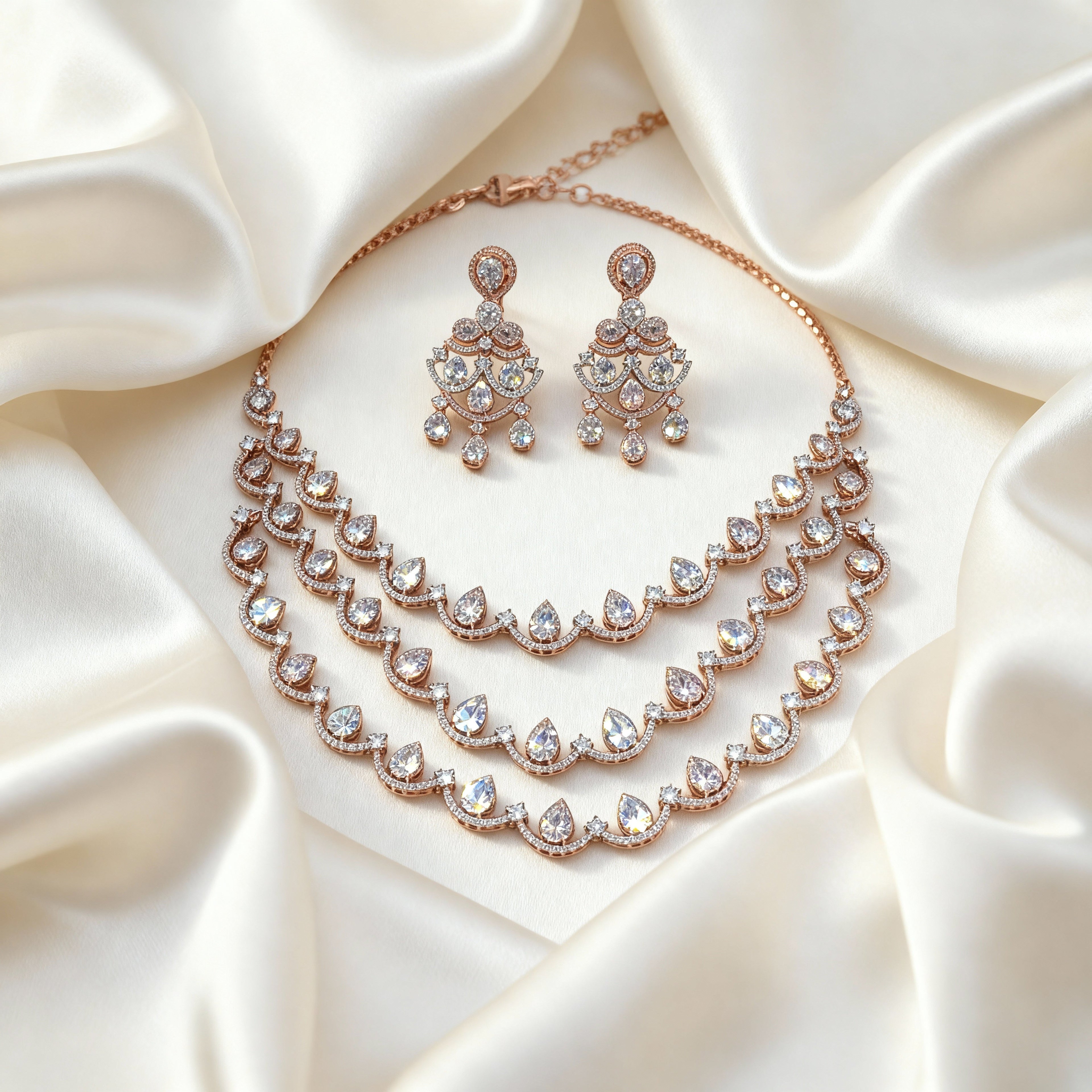 Luxury Rose Gold Layered Necklace Set with Chandelier Earrings | Diamond Look Bridal Jewelry